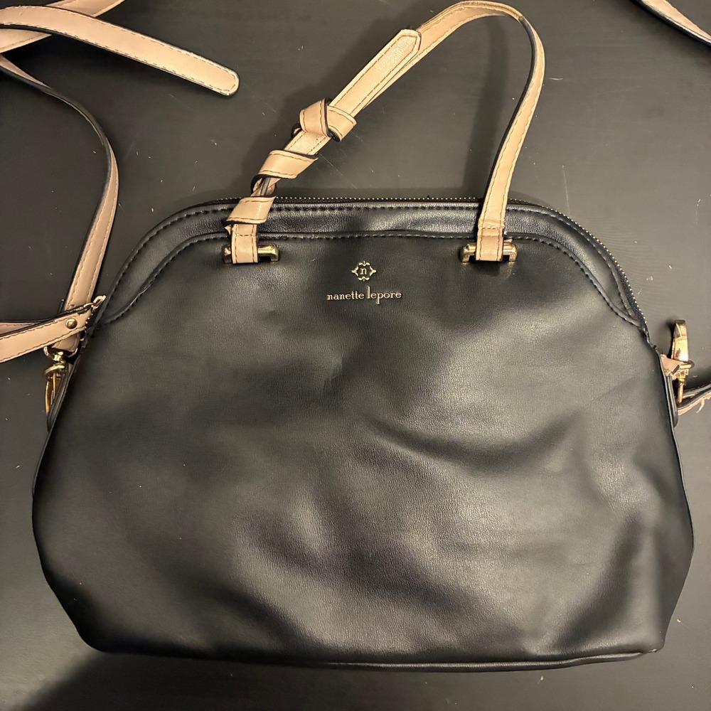 Nanette Lepore Black Tan Faux Leather Dome Crossbody Satchel Bag Gold Hardware